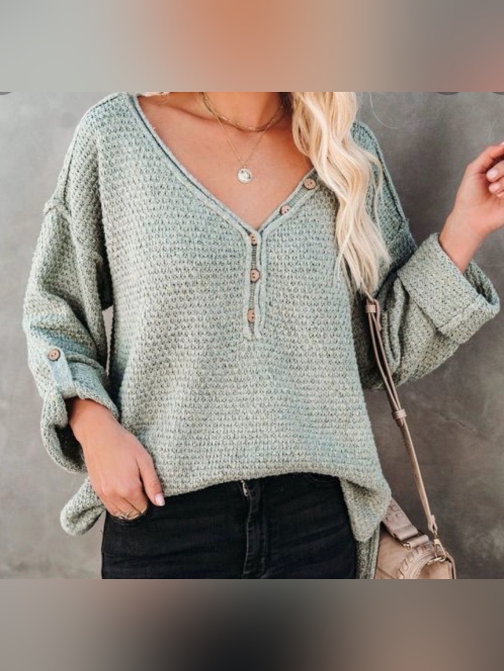 Vici Laurel Oversized Knit Roll-Up Henley Sweater